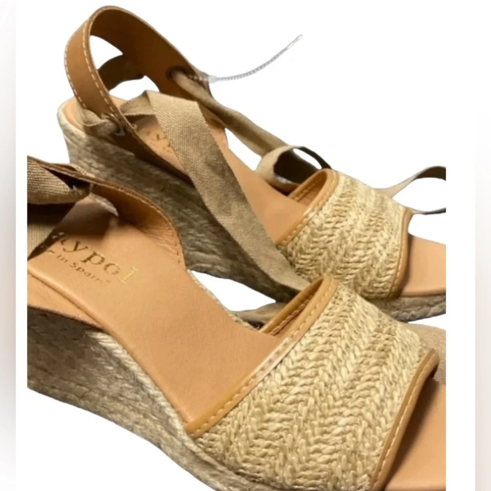 Maypol Shoe Size 40 Tan Raffia Leather Open Toe Wedge Wrap Ankle Strap Shoes